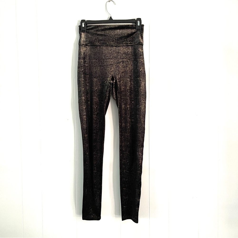 Spanx Metallic Foil Shaping Leggings Small Petite Black Gold High Rise